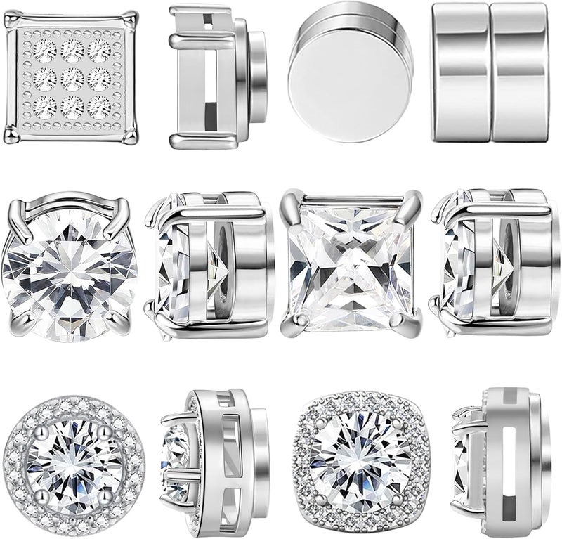 NEWITIN 6 Pairs Stainless Steel Magnetic Stud Earrings for Men Clip on Earring Magnetic Earring Unisex Non Piercing CZ Magnet Studs Diamond Earrings for Women Men - Image 1